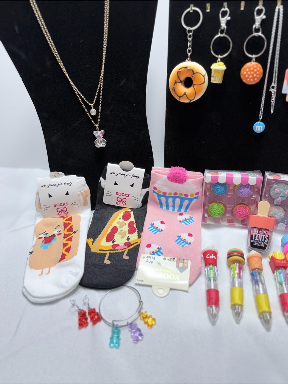 25-Piece Junk Food Themed Mixed Lot Fun Foodie Bundle Pens Erasers Socks Jewelry - Picture 3 of 12